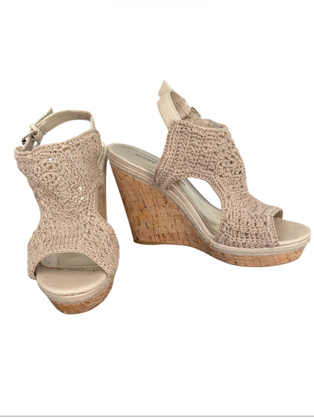 Audrey Brooke Tan Knit Crochet Cork Platform Wedge Strappy Open Toe Sandal 8